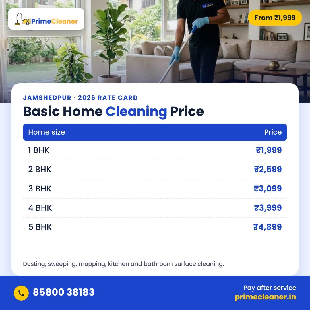 Basic home cleaning price in Jamshedpur – 1 BHK ₹1,999 to 5 BHK ₹4,899