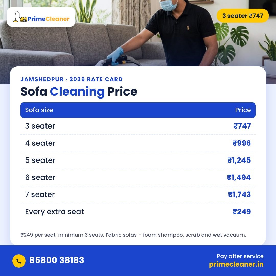 Sofa cleaning price in Jamshedpur – 3 seater ₹747, ₹249 per seat